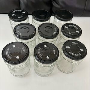 Lot of 9 Glass Jars +Black Metal Lid for Canning Crafts Storage Christmas Gifts